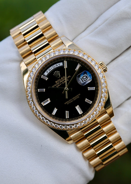 Rolex Day Date 40mm 228348RBR Black Baguette Dial Factory Diamond Bezel