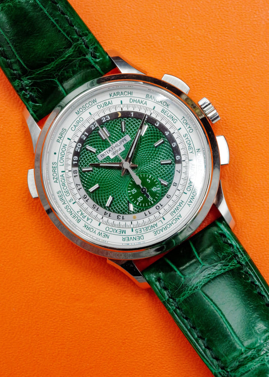 Patek Philippe World Time Chronograph 5930P Platinum Green Dial