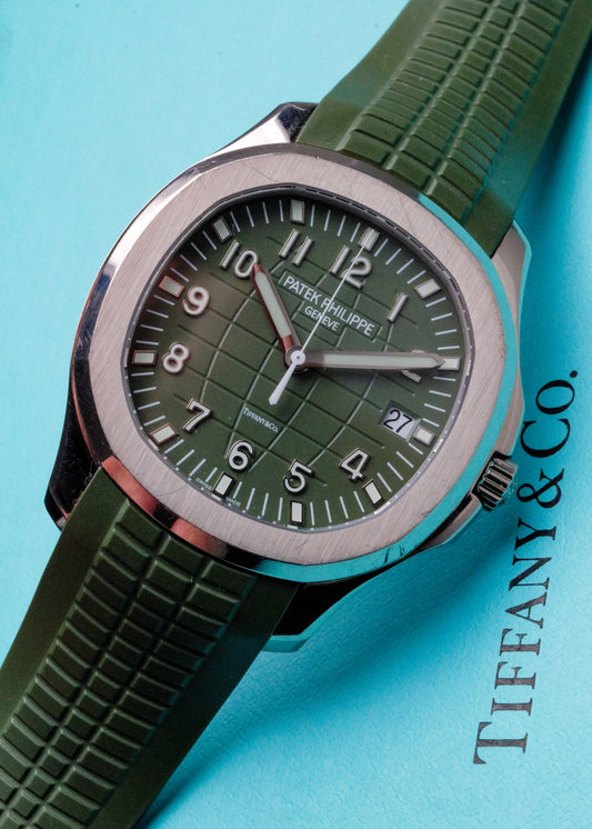 Patek Philippe Aquanaut Khaki Green White Gold 5168G Tiffany Stamped