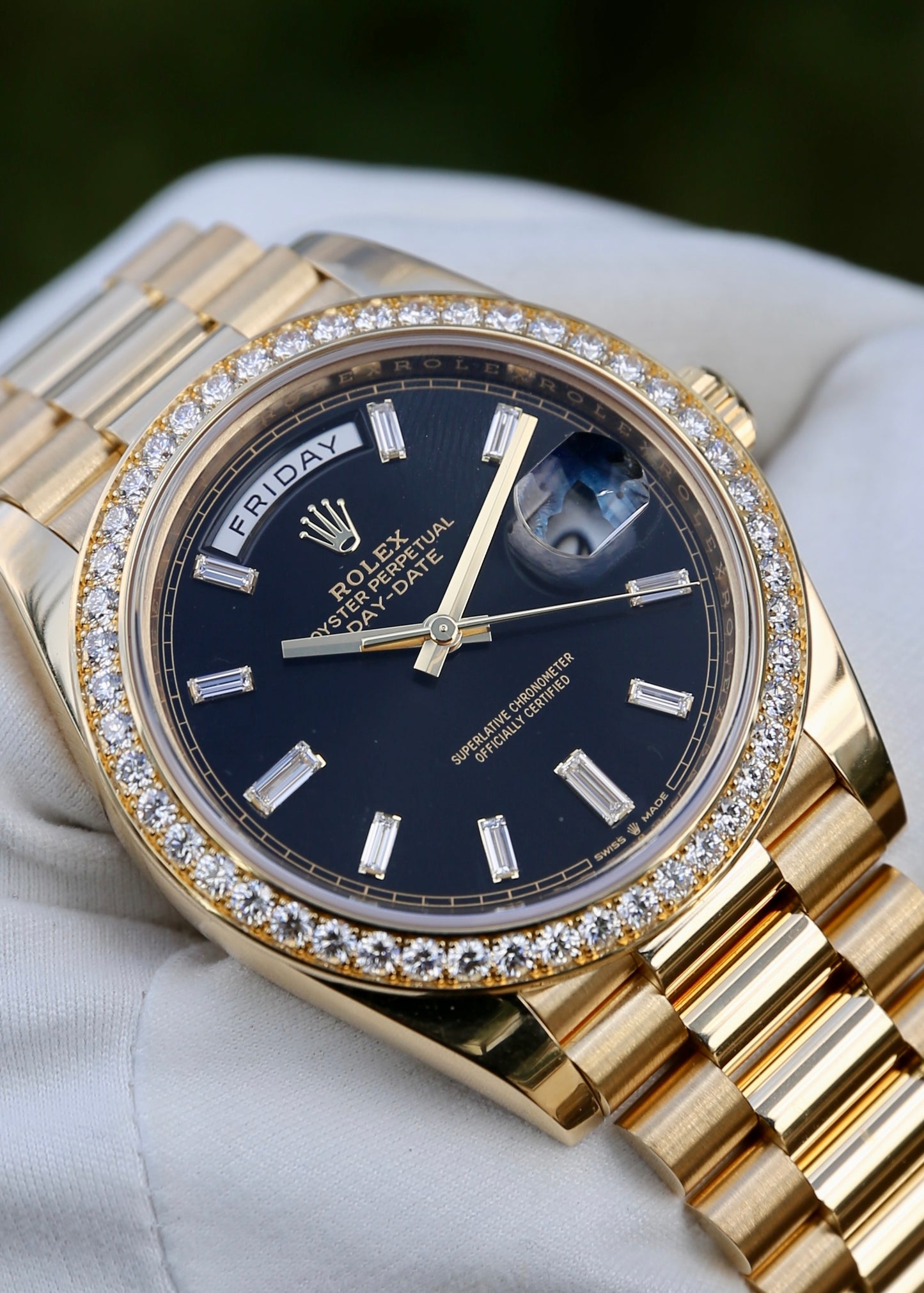 Rolex Day Date 40mm 228348RBR Black Baguette Dial Factory Diamond Bezel