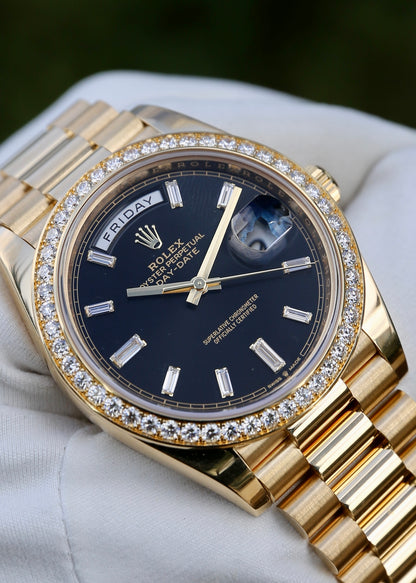 Rolex Day Date 40mm 228348RBR Black Baguette Dial Factory Diamond Bezel