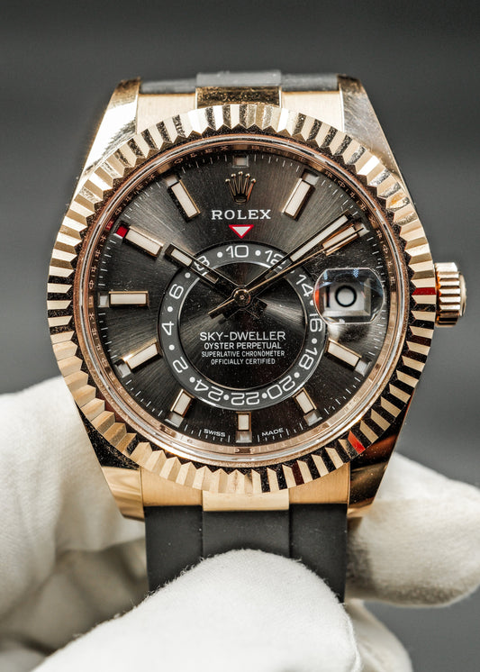 Rolex Sky Dweller 326235 Oysterflex Rose Gold Rhodium Dial