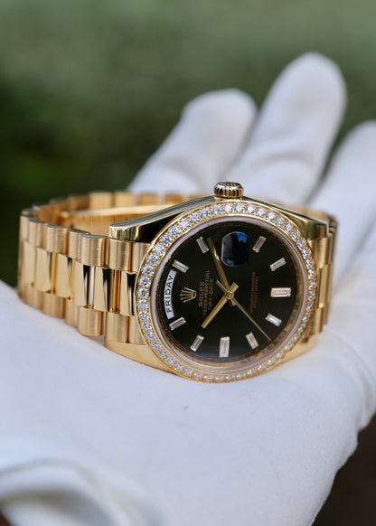 Rolex Day Date 40mm 228348RBR Black Baguette Dial Factory Diamond Bezel