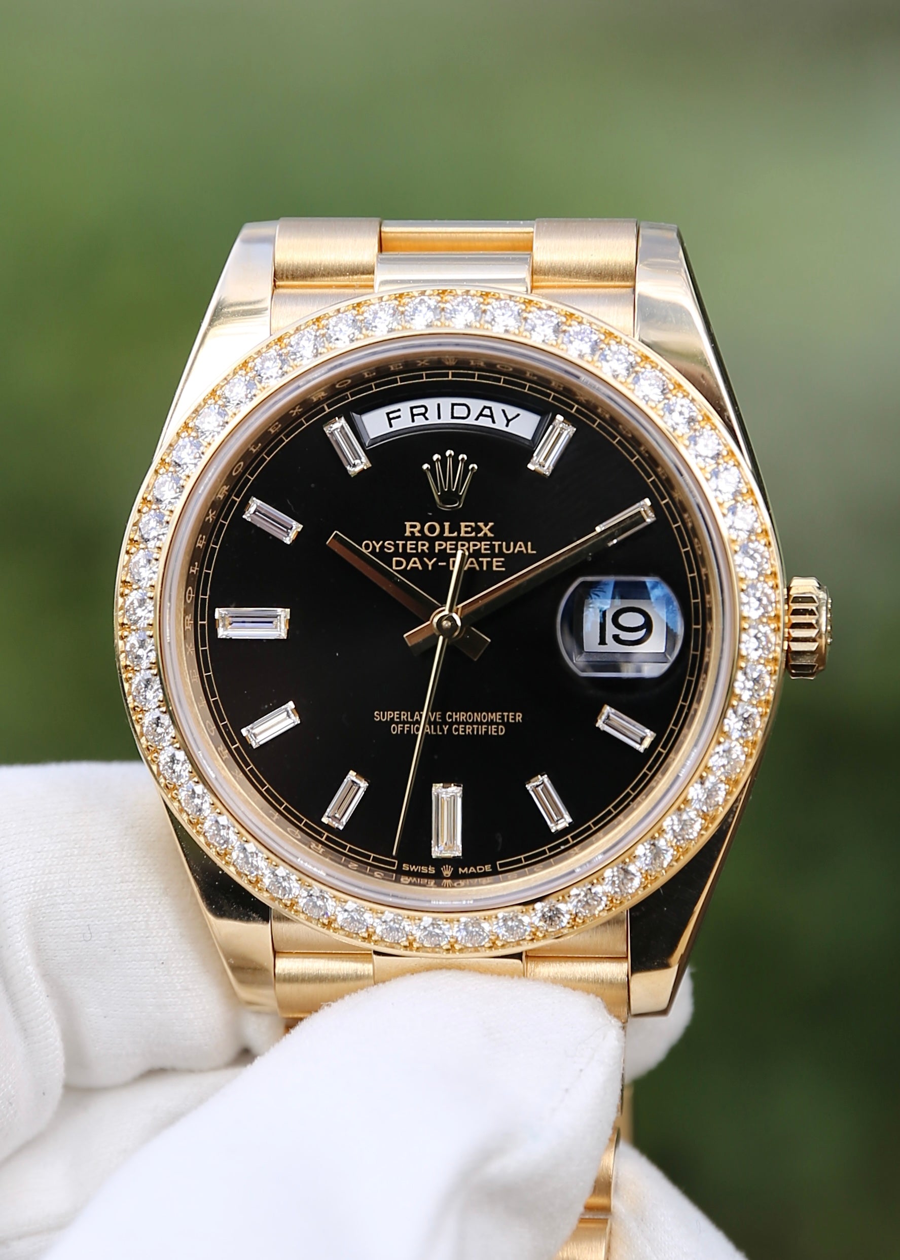 Rolex Day Date 40mm 228348RBR Black Baguette Dial Factory Diamond Beze ...