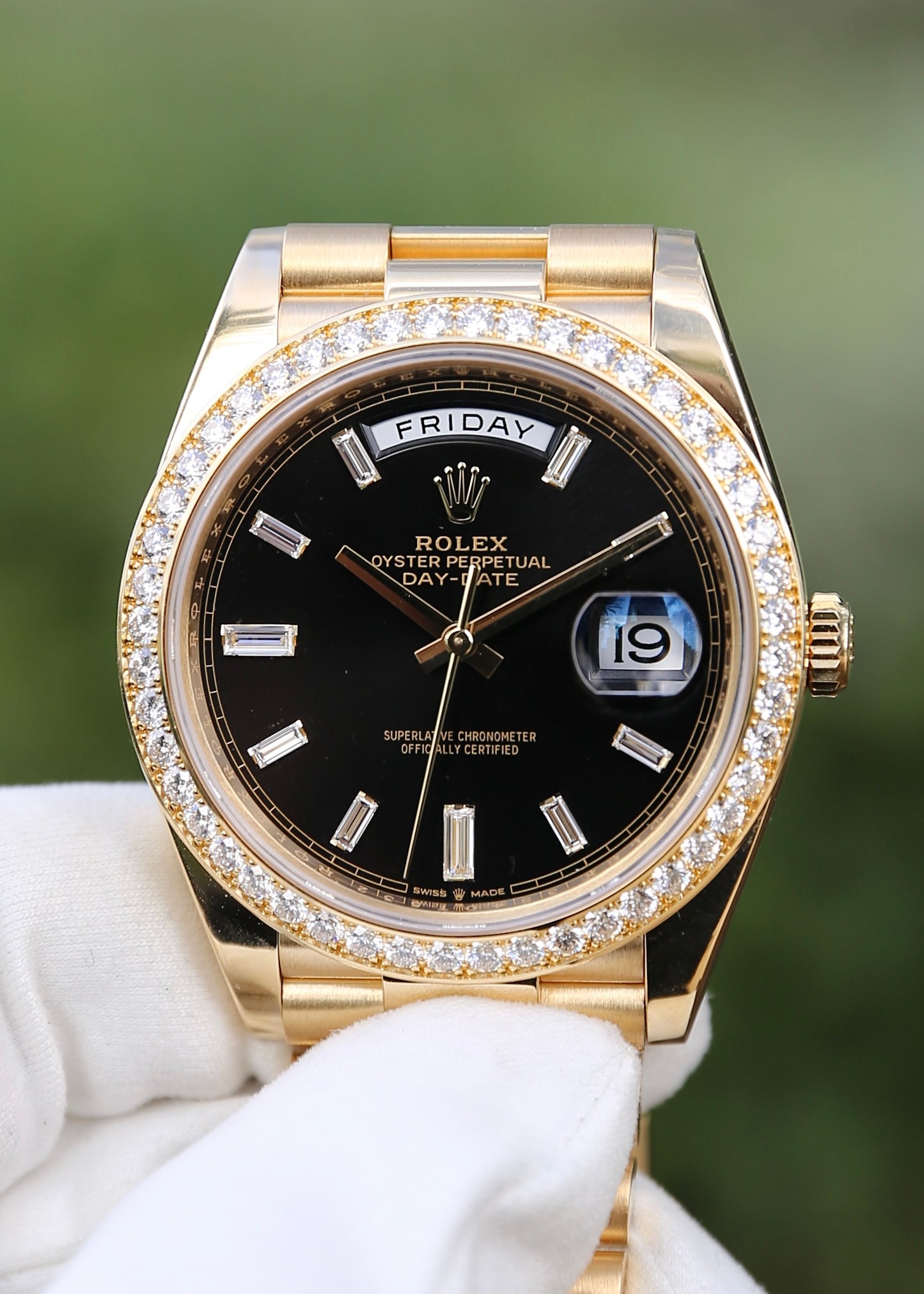 Rolex Day Date 40mm 228348RBR Black Baguette Dial Factory Diamond Bezel