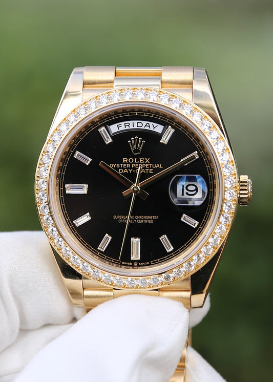 Rolex Day Date 40mm 228348RBR Black Baguette Dial Factory Diamond Bezel