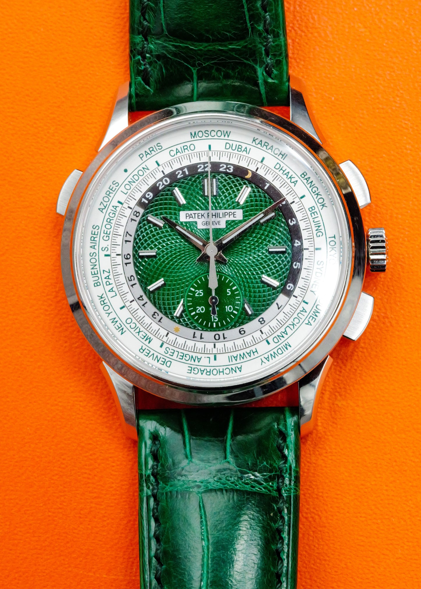 Patek Philippe World Time Chronograph 5930P Platinum Green Dial