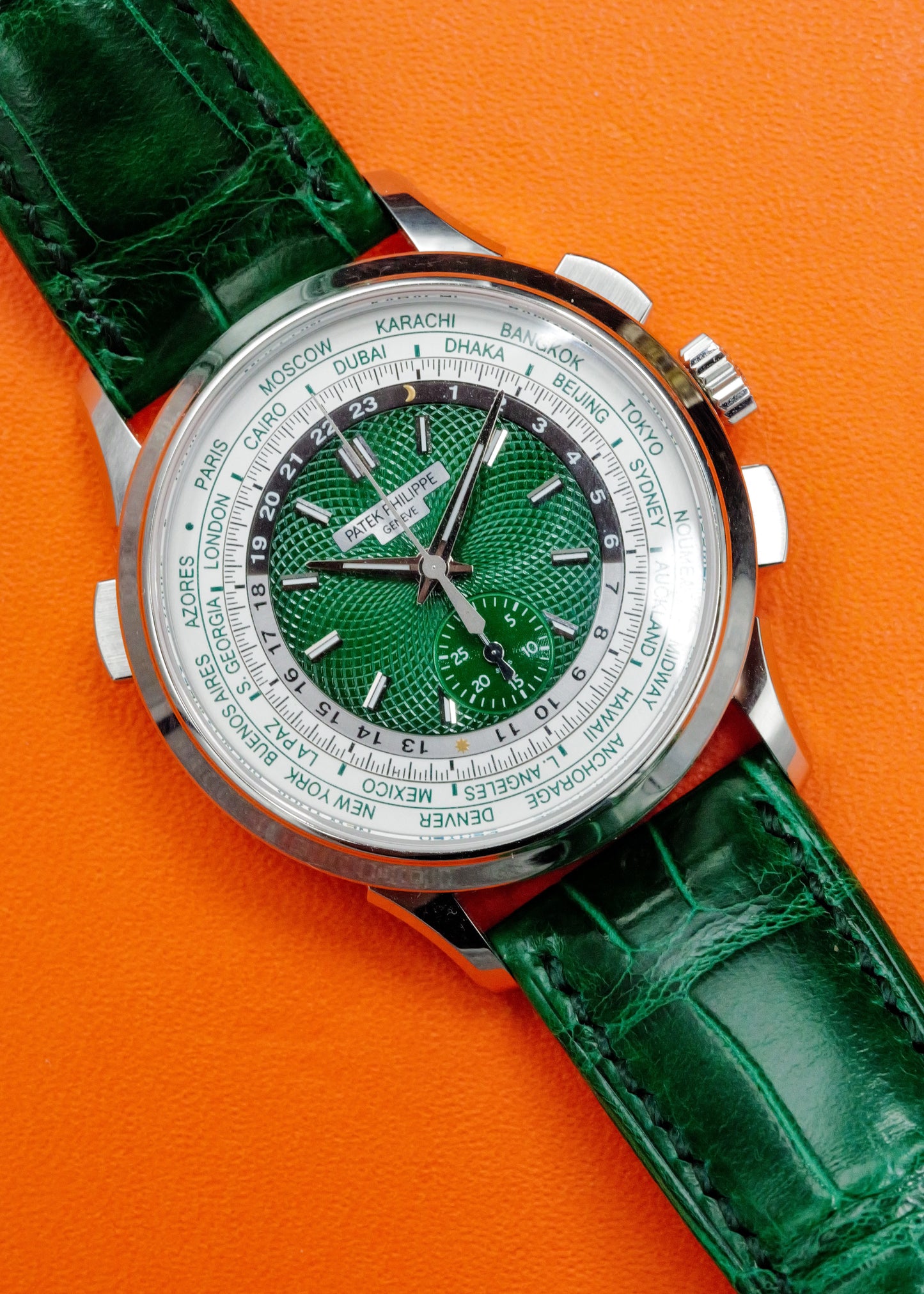 Patek Philippe World Time Chronograph 5930P Platinum Green Dial