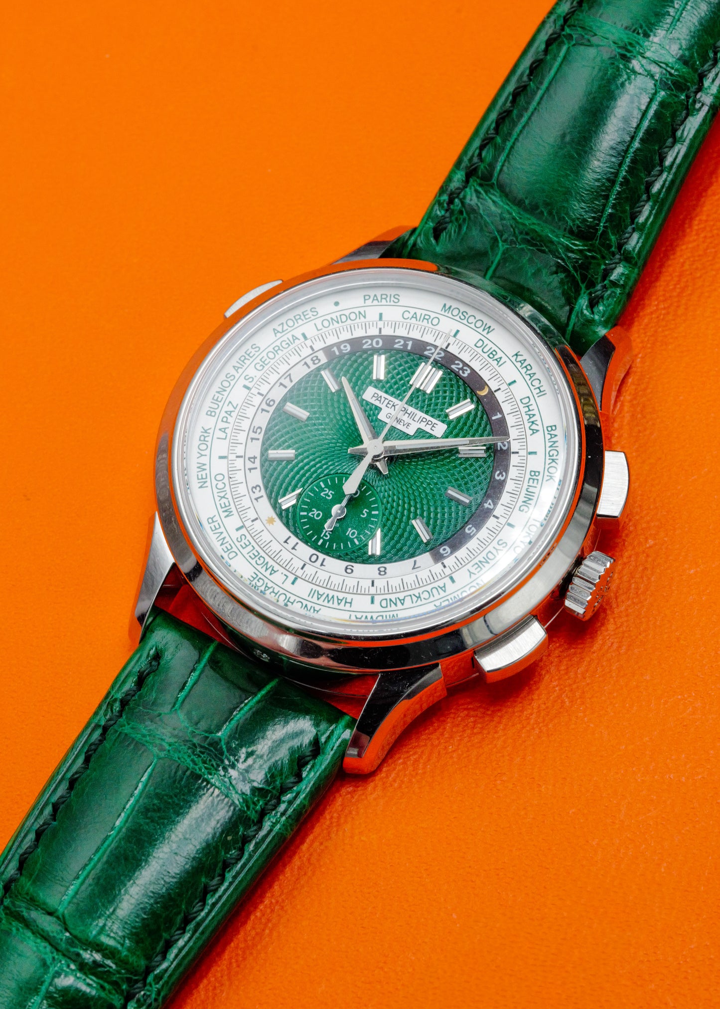 Patek Philippe World Time Chronograph 5930P Platinum Green Dial