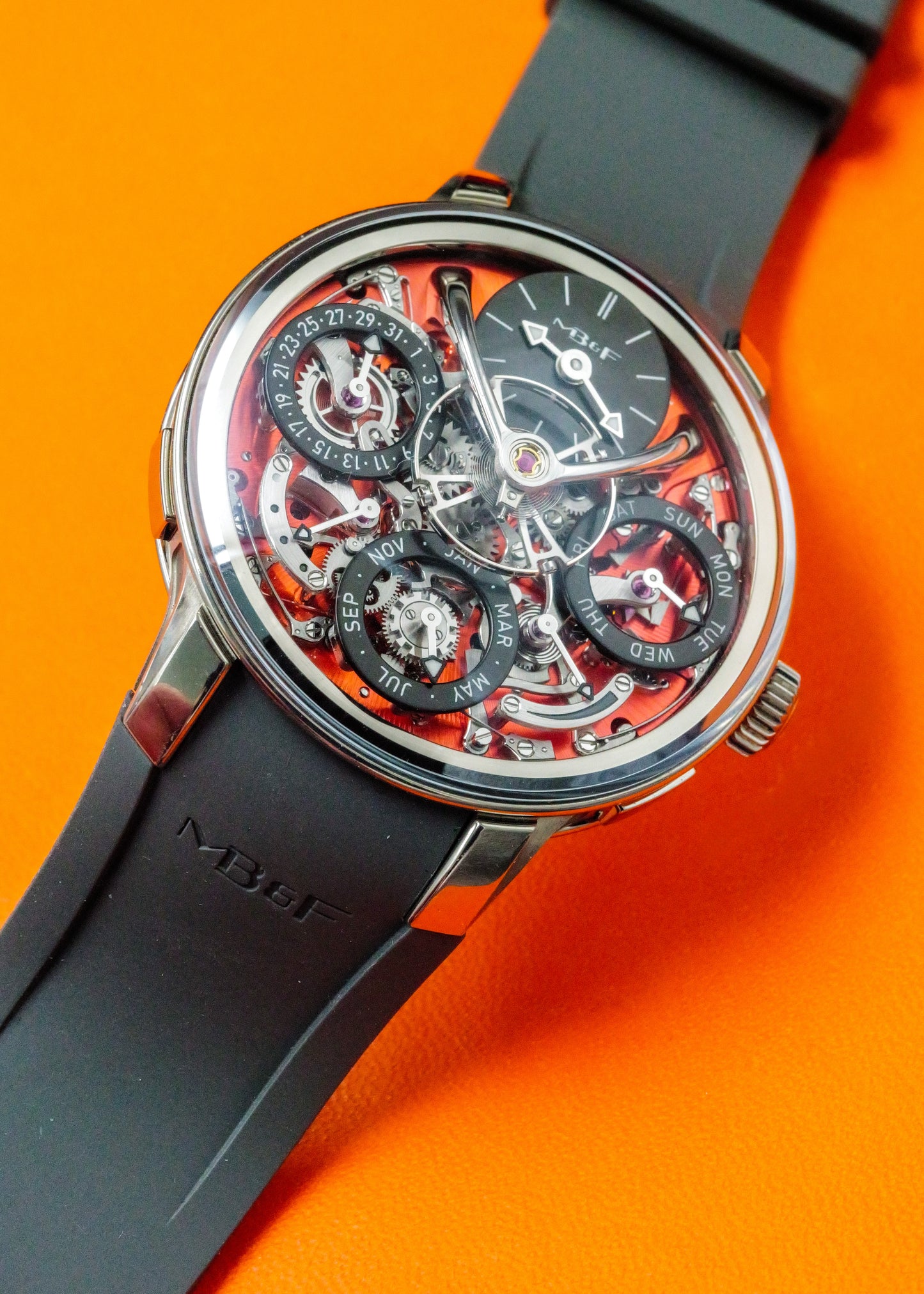 MB&F Legacy Machine Perpetual Calendar EVO Zicronium Atomic Orange Dial Limited Edition Of 15 Pieces